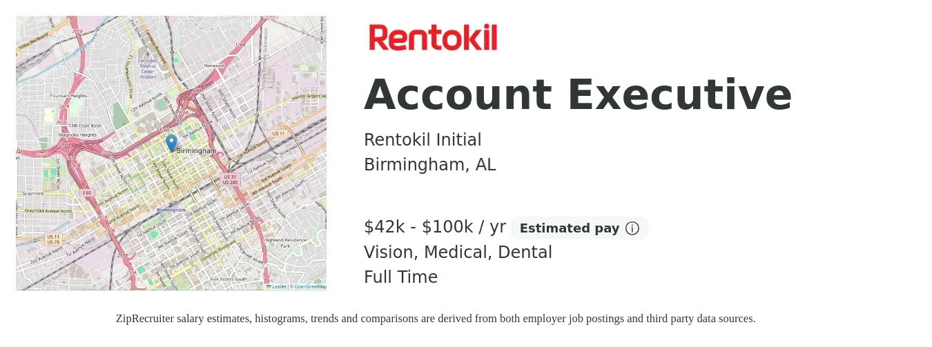 Rentokil Initial job posting for a Account Executive in Birmingham, AL with a salary of $42,000 to $100,000 Yearly (plus commission) and benefits including retirement, vision, dental, life_insurance, medical, and pto with a map of Birmingham location.