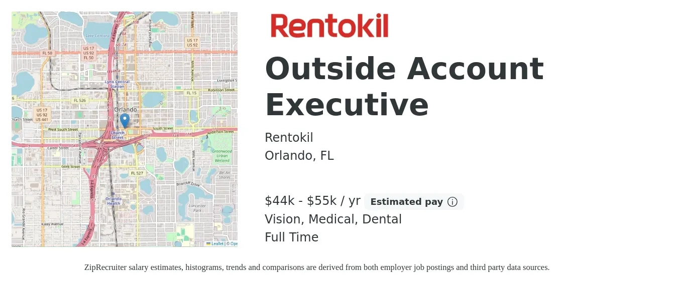 Rentokil job posting for a Outside Account Executive in Orlando, FL with a salary of $44,000 to $55,000 Yearly (plus commission) and benefits including dental, life_insurance, medical, pto, retirement, and vision with a map of Orlando location.