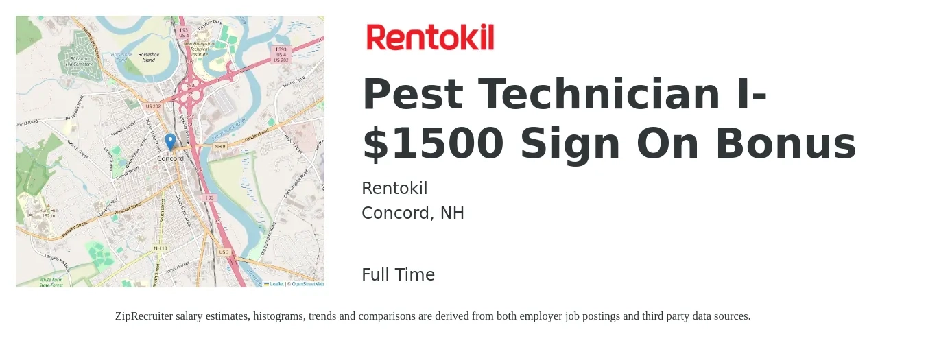 Rentokil job posting for a Pest Technician I- $1500 Sign On Bonus in Concord, NH with a salary of $18 to $24 Hourly with a map of Concord location.