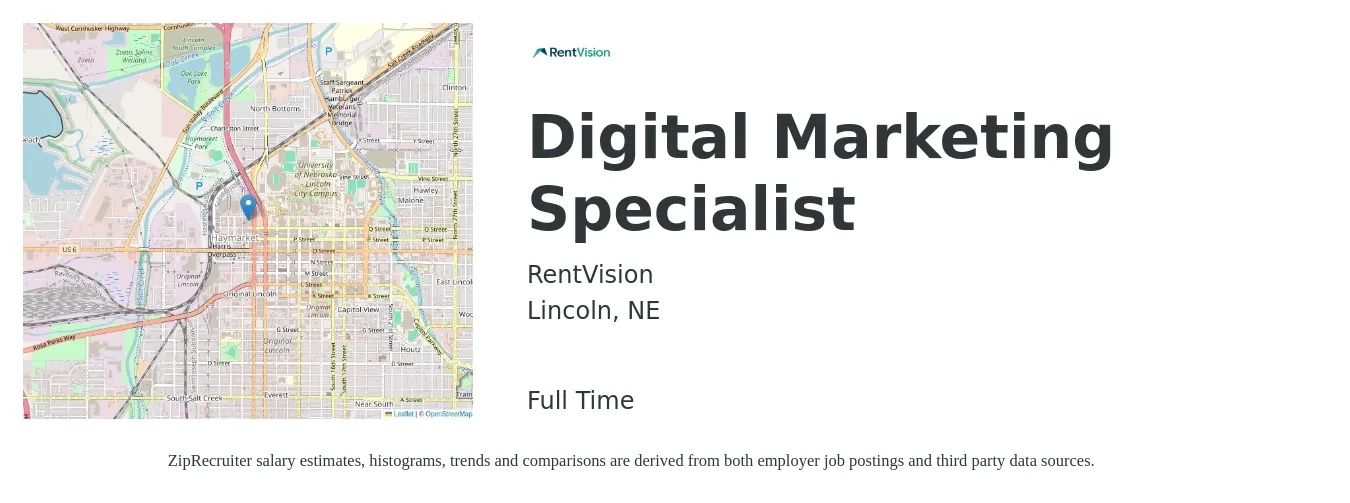 RentVision job posting for a Digital Marketing Specialist in Lincoln, NE with a salary of $47,500 to $70,800 Yearly with a map of Lincoln location.