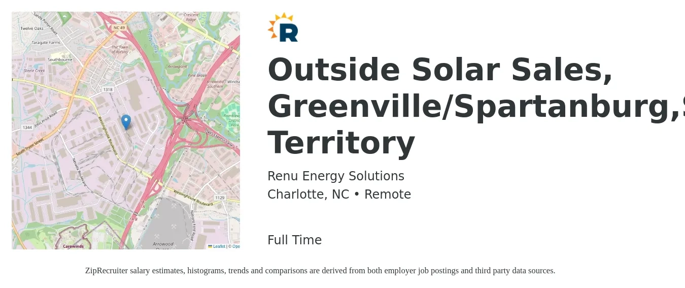 Renu Energy Solutions job posting for a Outside Solar Sales, Greenville/Spartanburg,SC Territory in Charlotte, NC with a salary of $51,600 to $70,300 Yearly with a map of Charlotte location.