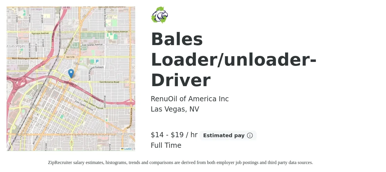 RenuOil of America Inc job posting for a Bales Loader/unloader- Driver in Las Vegas, NV with a salary of $15 to $20 Hourly with a map of Las Vegas location.