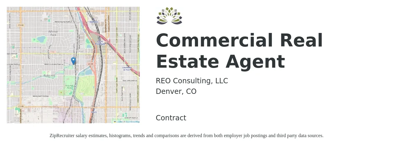 REO Consulting, LLC job posting for a Commercial Real Estate Agent in Denver, CO with a salary of $83,900 to $123,500 Yearly with a map of Denver location.