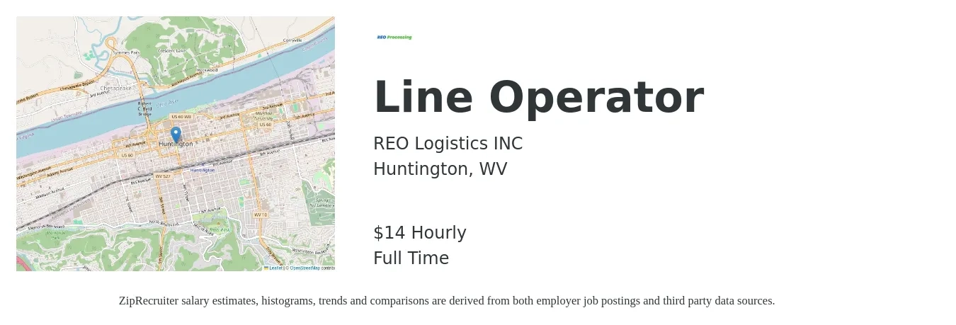 REO Logistics INC job posting for a Line Operator in Huntington, WV with a salary of $15 Hourly with a map of Huntington location.