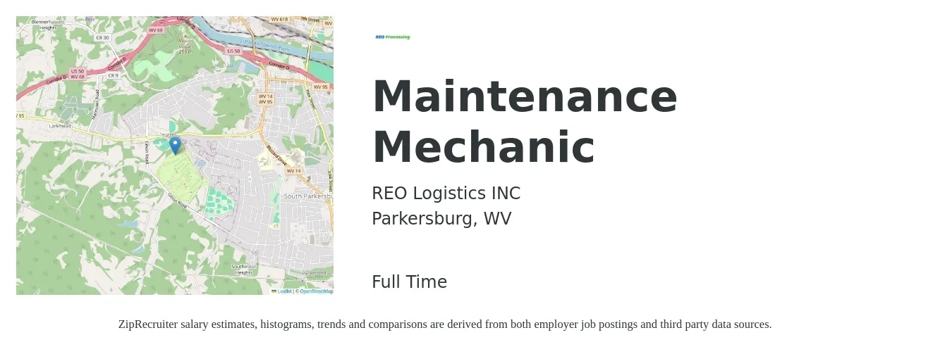 REO Logistics INC job posting for a Maintenance Mechanic in Parkersburg, WV with a salary of $24 to $32 Hourly with a map of Parkersburg location.