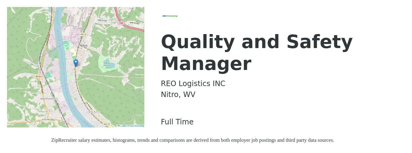 REO Logistics INC job posting for a Quality and Safety Manager in Nitro, WV with a salary of $63,600 to $99,200 Yearly with a map of Nitro location.