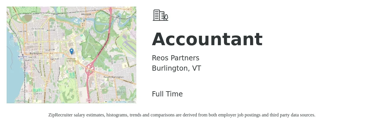 Reos Partners job posting for a Accountant in Burlington, VT with a salary of $70,000 to $75,000 Yearly with a map of Burlington location.