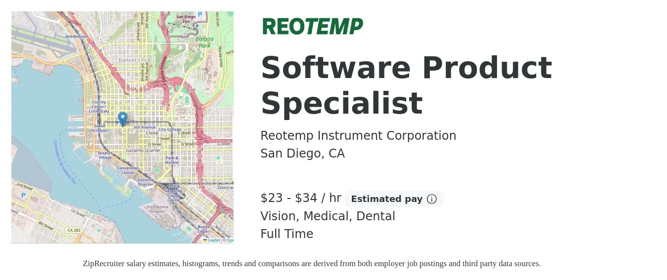 Reotemp Instrument Corporation job posting for a Software Product Specialist in San Diego, CA with a salary of $24 to $36 Hourly and benefits including life_insurance, medical, pto, retirement, vision, and dental with a map of San Diego location.