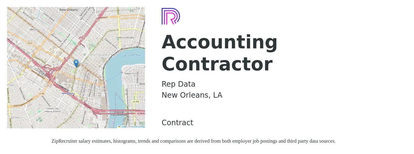 Rep Data job posting for a Accounting Contractor in New Orleans, LA with a salary of $20 to $28 Hourly with a map of New Orleans location.