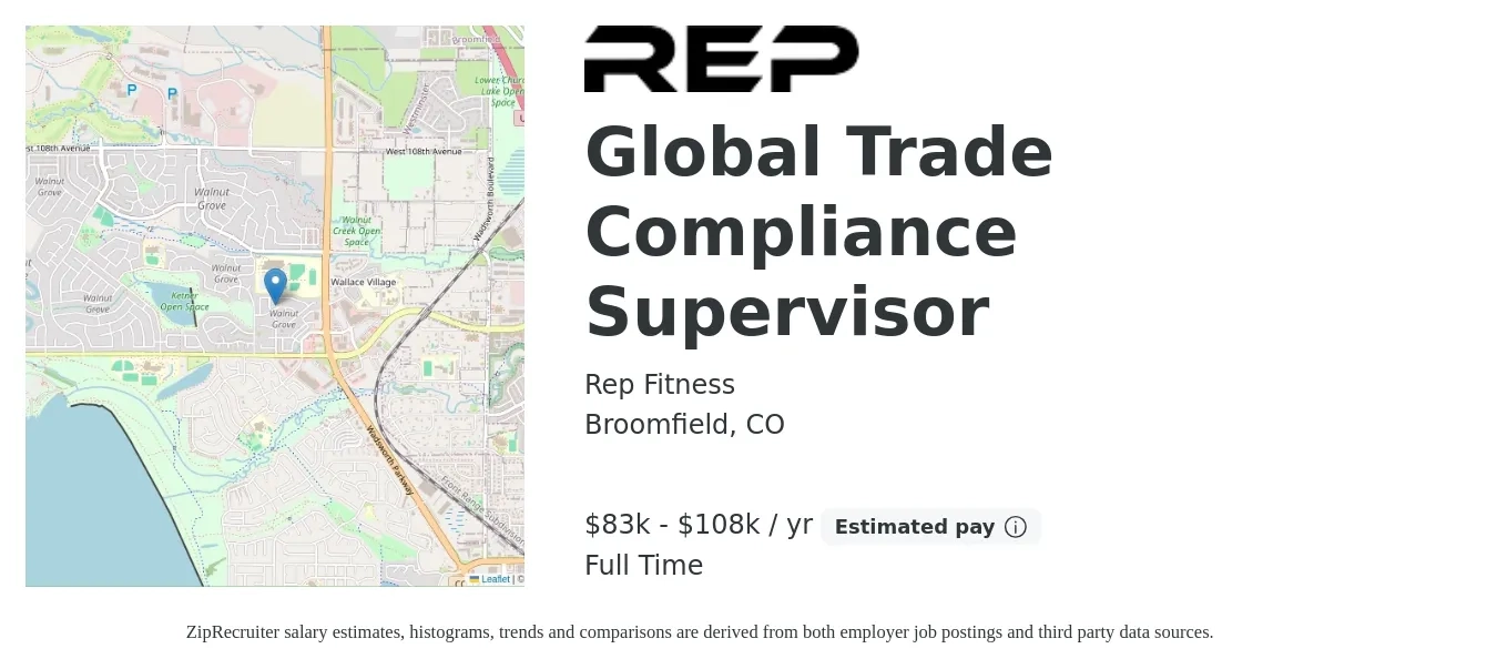 Rep Fitness job posting for a Global Trade Compliance Supervisor in Broomfield, CO with a salary of $83,000 to $108,000 Yearly with a map of Broomfield location.