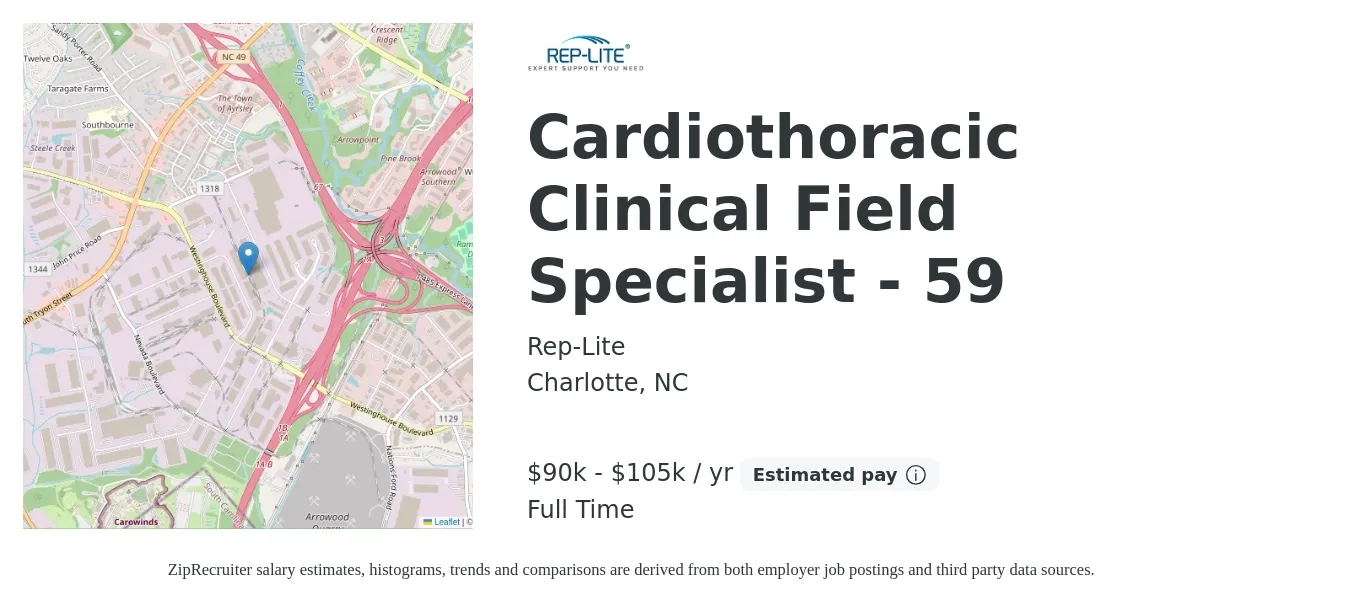 Rep-Lite job posting for a Cardiothoracic Clinical Field Specialist - 59 in Charlotte, NC with a salary of $90,000 to $105,000 Yearly with a map of Charlotte location.