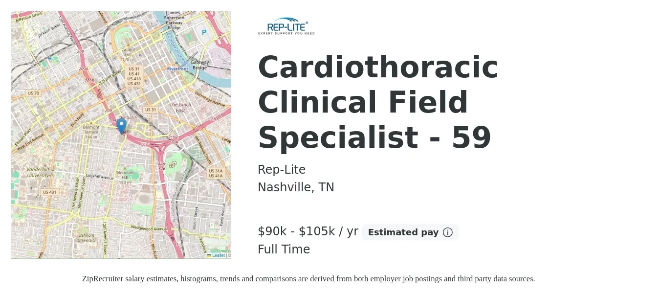 Rep-Lite job posting for a Cardiothoracic Clinical Field Specialist - 59 in Nashville, TN with a salary of $90,000 to $105,000 Yearly with a map of Nashville location.