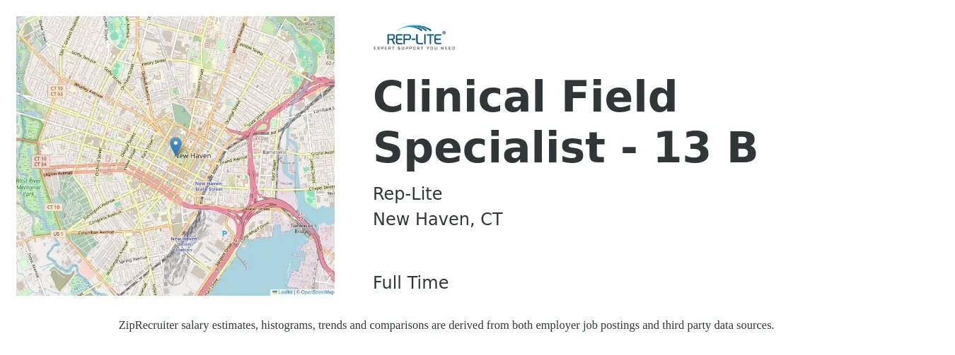 Rep-Lite job posting for a Clinical Field Specialist - 13 B in New Haven, CT with a salary of $75,000 to $85,000 Yearly with a map of New Haven location.