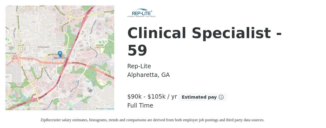 Rep-Lite job posting for a Clinical Specialist - 59 in Alpharetta, GA with a salary of $90,000 to $105,000 Yearly with a map of Alpharetta location.