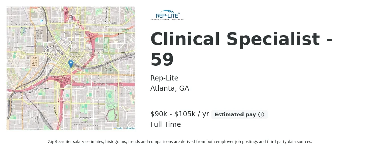 Rep-Lite job posting for a Clinical Specialist - 59 in Atlanta, GA with a salary of $90,000 to $105,000 Yearly with a map of Atlanta location.