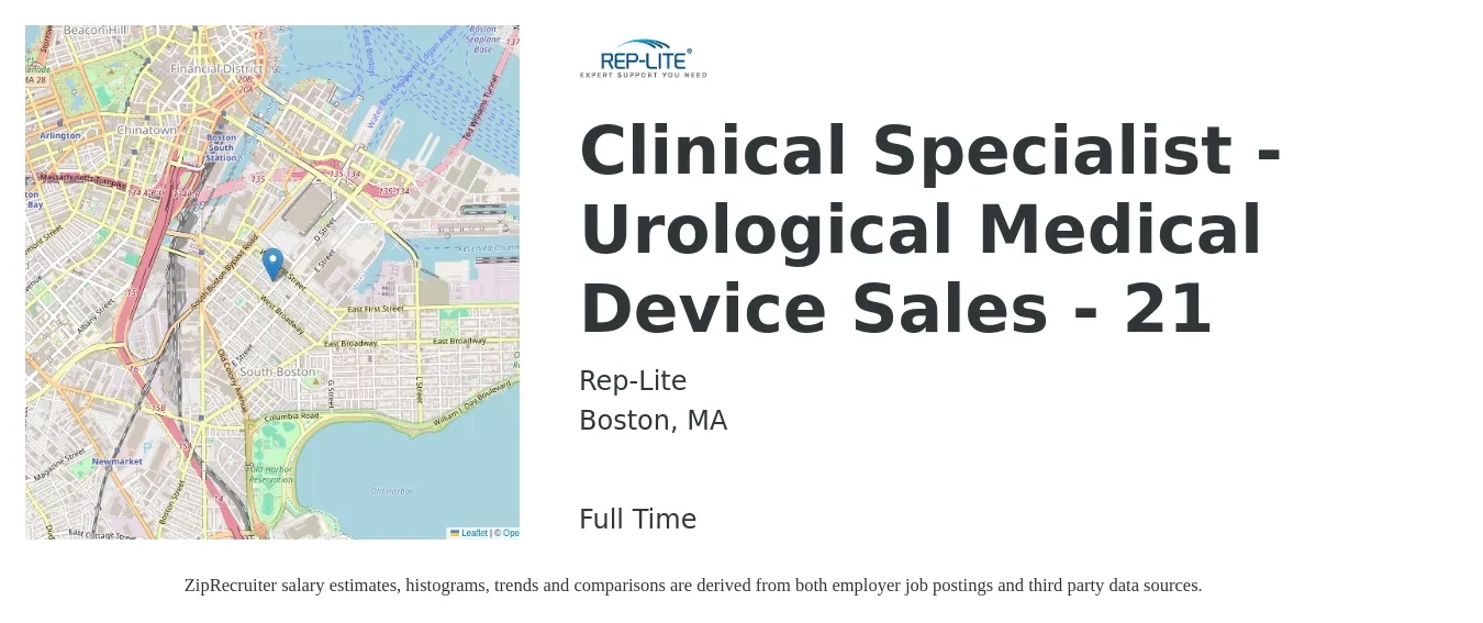 Rep-Lite job posting for a Clinical Specialist - Urological Medical Device Sales - 21 in Boston, MA with a salary of $110,000 to $125,000 Yearly with a map of Boston location.