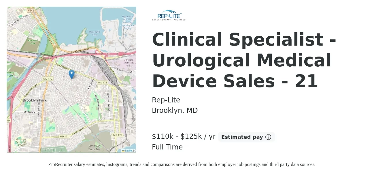 Rep-Lite job posting for a Clinical Specialist - Urological Medical Device Sales - 21 in Brooklyn, MD with a salary of $110,000 to $125,000 Yearly with a map of Brooklyn location.