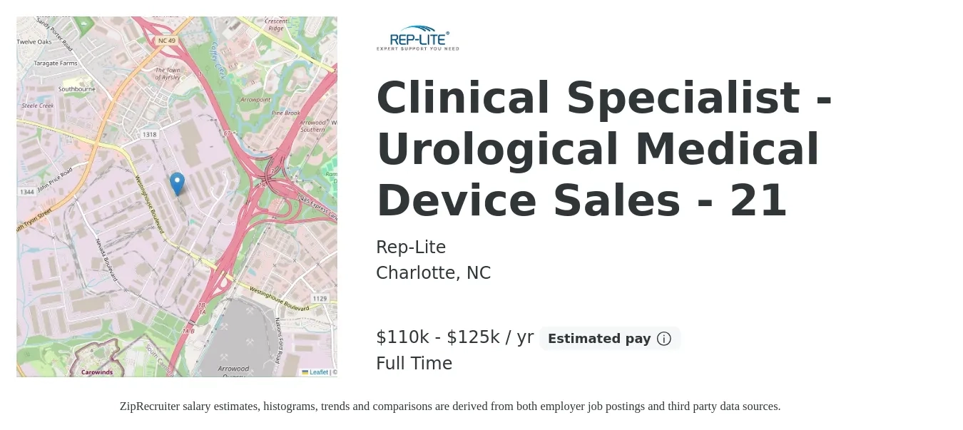 Rep-Lite job posting for a Clinical Specialist - Urological Medical Device Sales - 21 in Charlotte, NC with a salary of $110,000 to $125,000 Yearly with a map of Charlotte location.