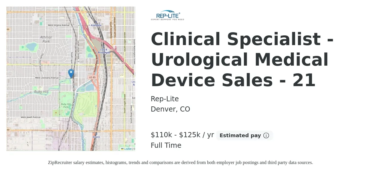 Rep-Lite job posting for a Clinical Specialist - Urological Medical Device Sales - 21 in Denver, CO with a salary of $110,000 to $125,000 Yearly with a map of Denver location.