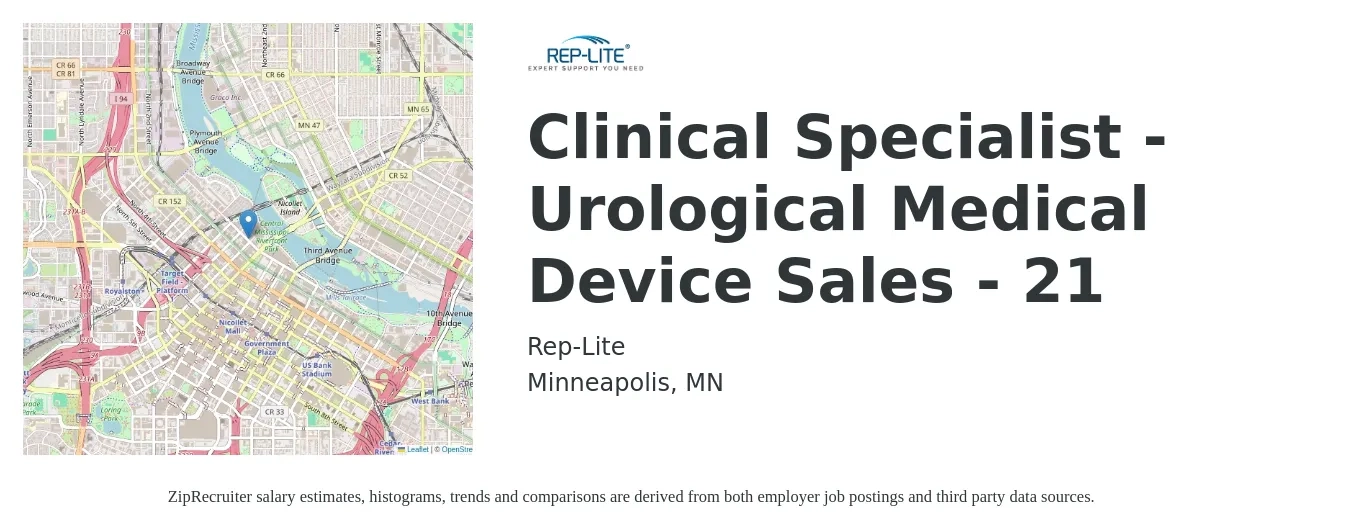 Rep-Lite job posting for a Clinical Specialist - Urological Medical Device Sales - 21 in Minneapolis, MN with a salary of $110,000 to $125,000 Yearly with a map of Minneapolis location.
