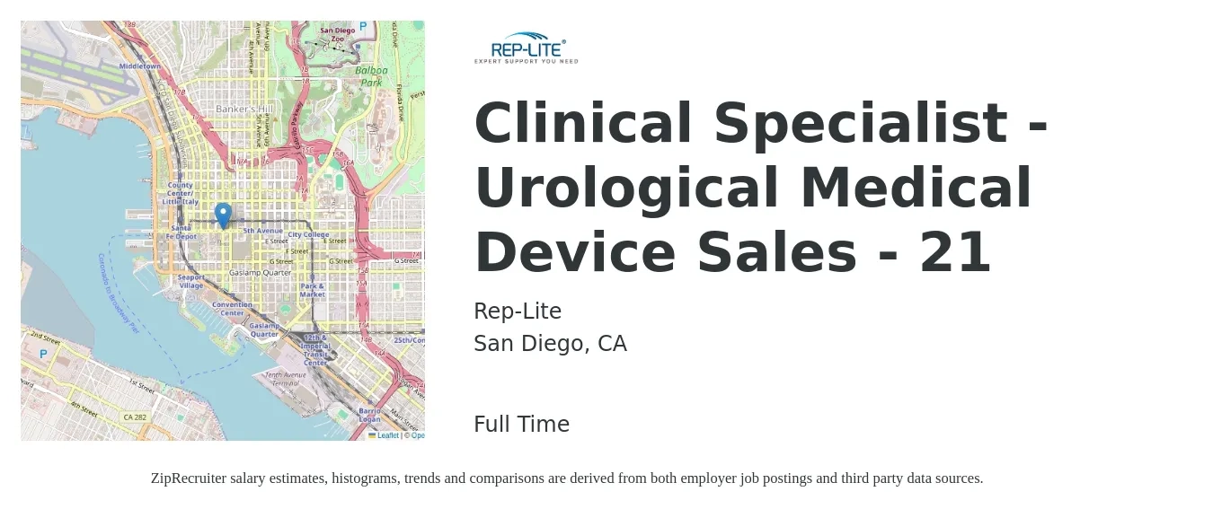 Rep-Lite job posting for a Clinical Specialist - Urological Medical Device Sales - 21 in San Diego, CA with a salary of $110,000 to $125,000 Yearly with a map of San Diego location.