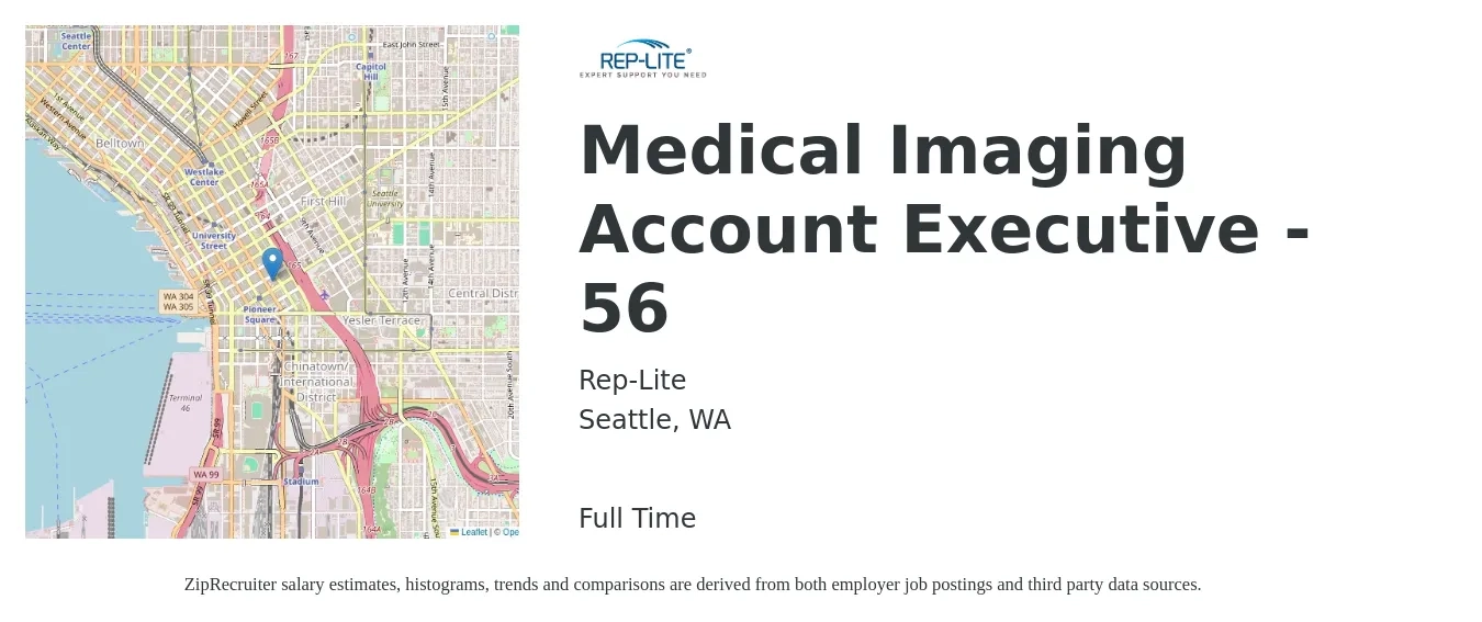 Rep-Lite job posting for a Medical Imaging Account Executive - 56 in Seattle, WA with a salary of $70,000 to $80,000 Yearly with a map of Seattle location.