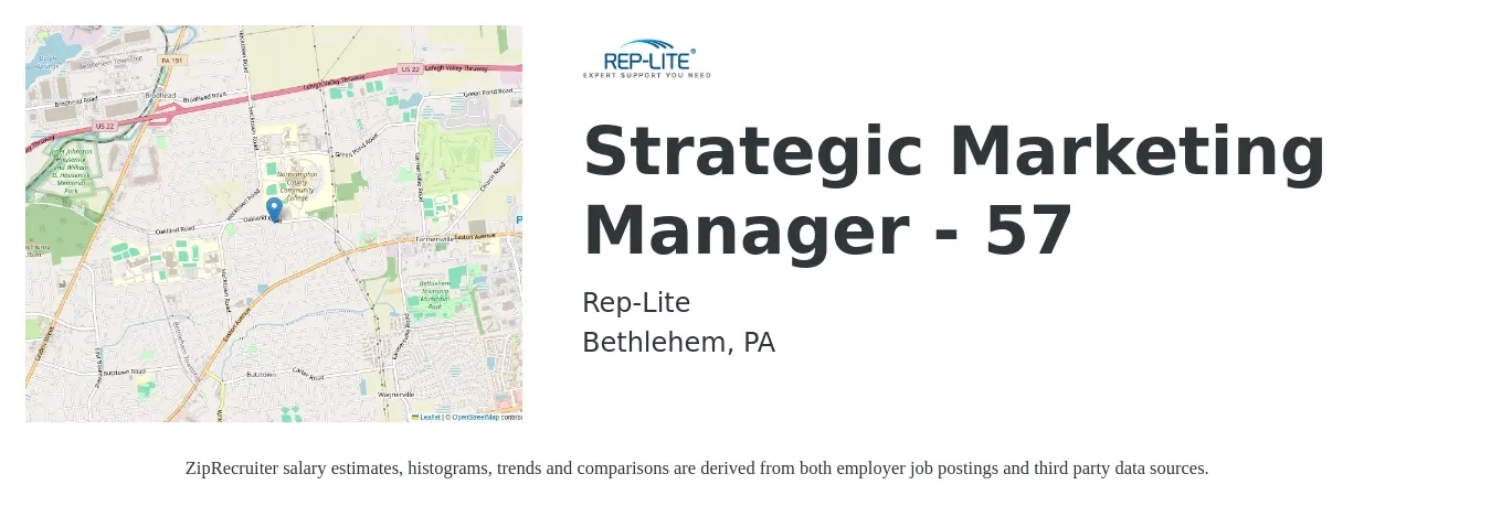 Rep-Lite job posting for a Strategic Marketing Manager - 57 in Bethlehem, PA with a salary of $130,000 to $150,000 Yearly with a map of Bethlehem location.