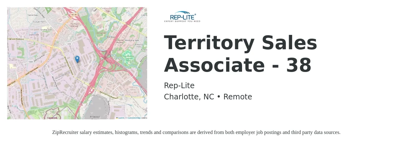 Rep-Lite job posting for a Territory Sales Associate - 38 in Charlotte, NC with a salary of $55,000 to $75,000 Yearly with a map of Charlotte location.