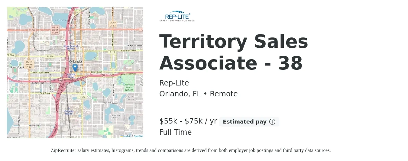 Rep-Lite job posting for a Territory Sales Associate - 38 in Orlando, FL with a salary of $55,000 to $75,000 Yearly with a map of Orlando location.