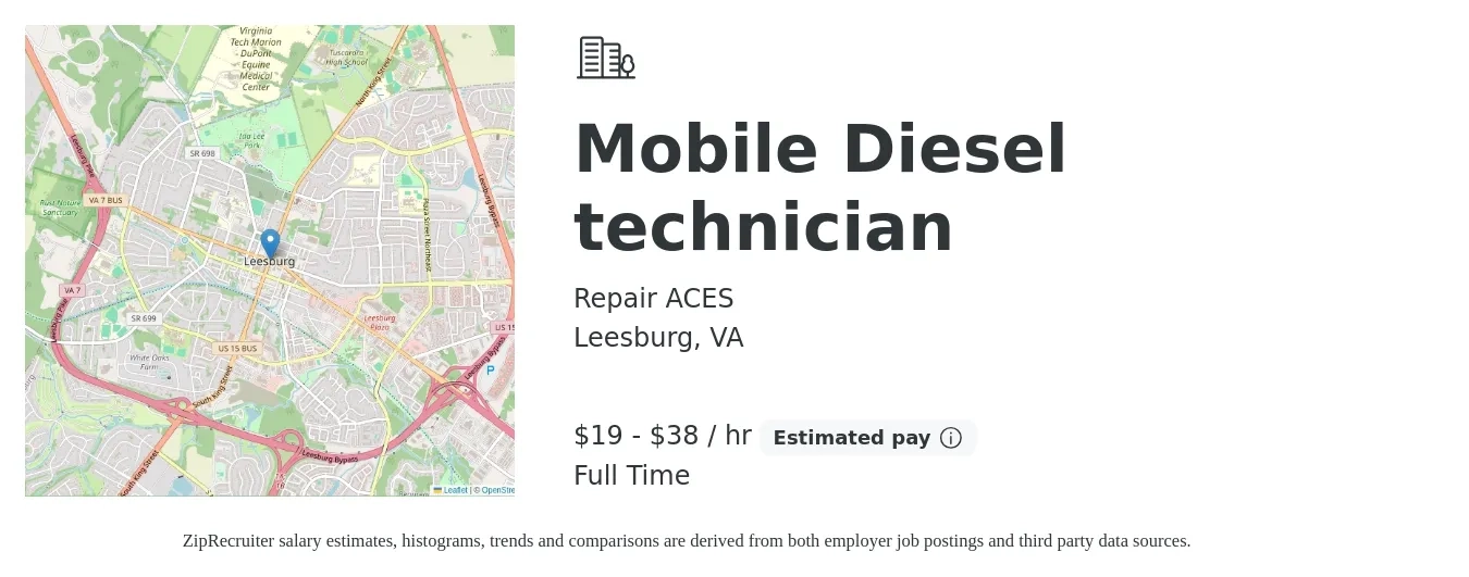 Repair ACES job posting for a Mobile Diesel technician in Leesburg, VA with a salary of $20 to $40 Hourly with a map of Leesburg location.