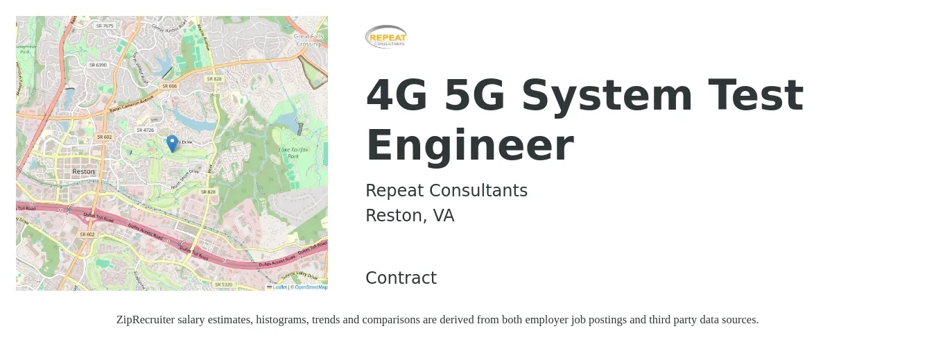 Repeat Consultants job posting for a 4G 5G System Test Engineer in Reston, VA with a salary of $50 to $72 Hourly with a map of Reston location.