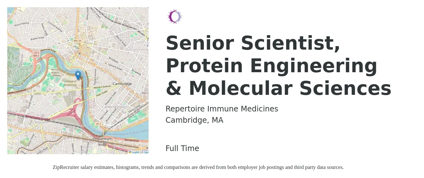Repertoire Immune Medicines job posting for a Senior Scientist, Protein Engineering & Molecular Sciences in Cambridge, MA with a salary of $99,500 to $135,900 Yearly with a map of Cambridge location.