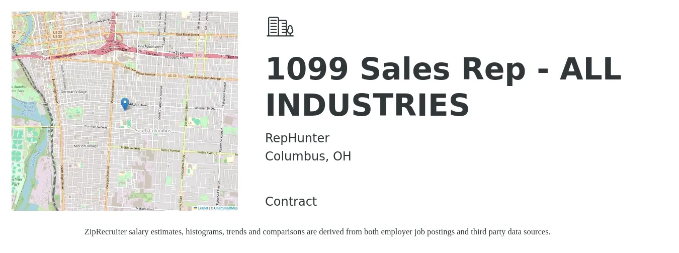 RepHunter job posting for a 1099 Sales Rep - ALL INDUSTRIES in Columbus, OH with a salary of $51,700 to $89,800 Yearly with a map of Columbus location.