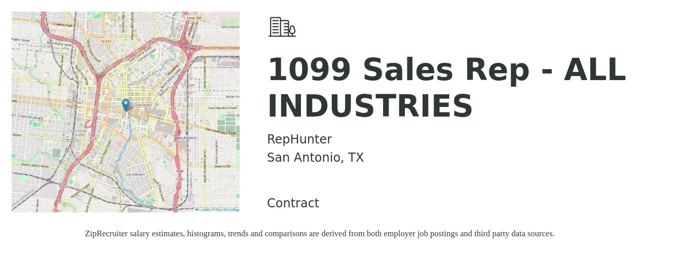 RepHunter job posting for a 1099 Sales Rep - ALL INDUSTRIES in San Antonio, TX with a salary of $48,300 to $83,900 Yearly with a map of San Antonio location.