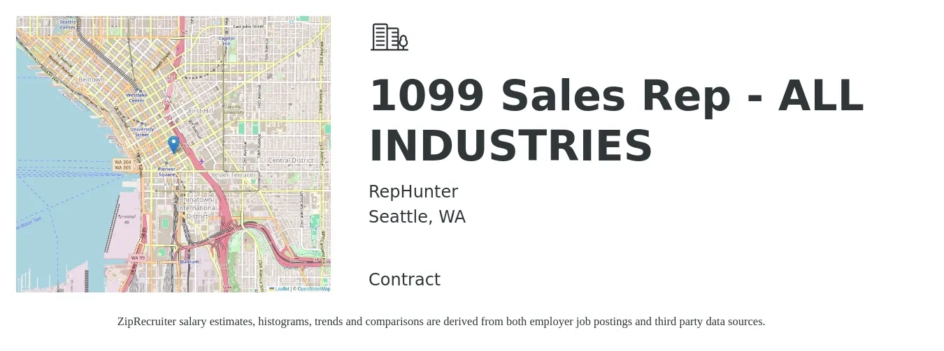 RepHunter job posting for a 1099 Sales Rep - ALL INDUSTRIES in Seattle, WA with a salary of $60,900 to $105,800 Yearly with a map of Seattle location.