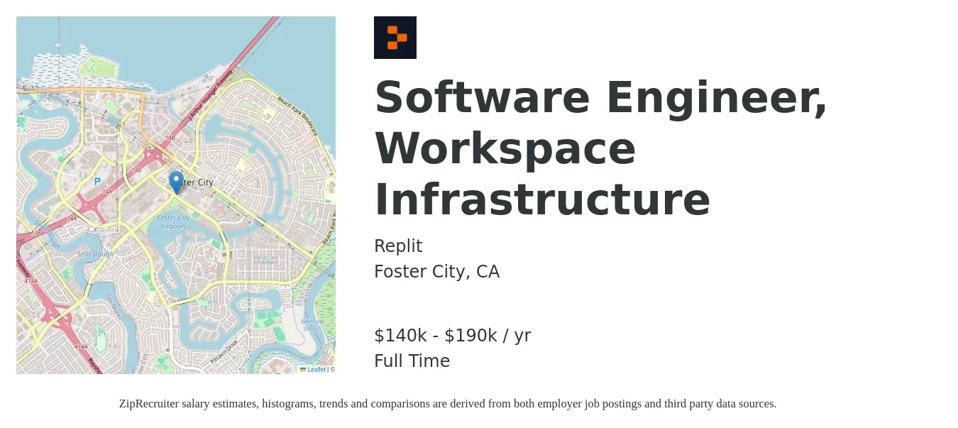 Replit job posting for a Software Engineer, Workspace Infrastructure in Foster City, CA with a salary of $140,000 to $190,000 Yearly with a map of Foster City location.