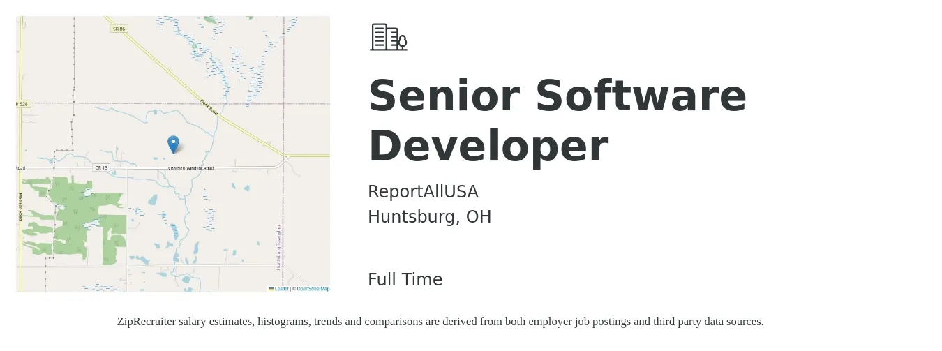 ReportAllUSA job posting for a Senior Software Developer in Huntsburg, OH with a salary of $47 to $62 Hourly with a map of Huntsburg location.