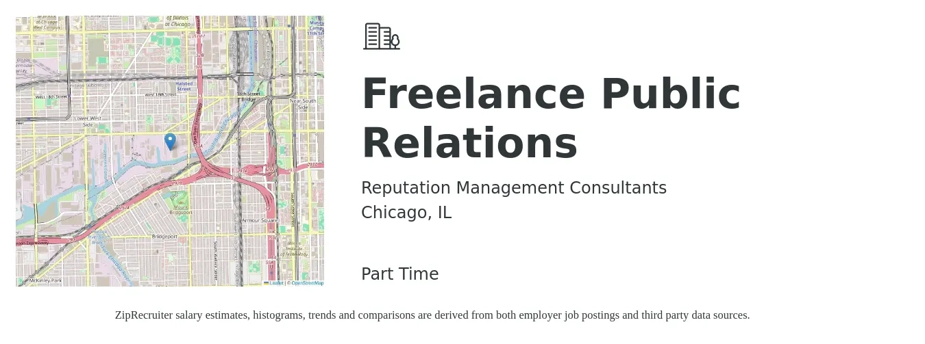 Reputation Management Consultants job posting for a Freelance Public Relations in Chicago, IL with a salary of $67,000 to $100,400 Yearly with a map of Chicago location.