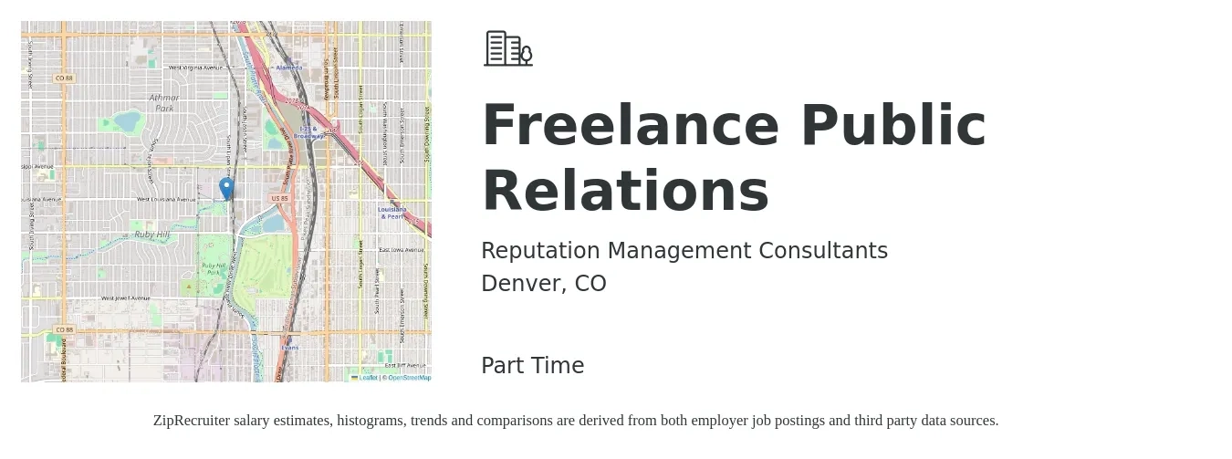 Reputation Management Consultants job posting for a Freelance Public Relations in Denver, CO with a salary of $66,900 to $100,400 Yearly with a map of Denver location.