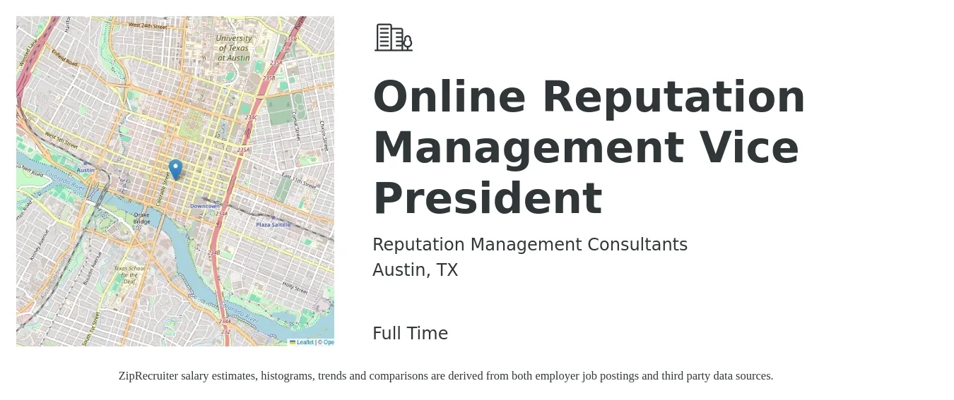 Reputation Management Consultants job posting for a Online Reputation Management Vice President in Austin, TX with a salary of $114,000 to $188,300 Yearly with a map of Austin location.