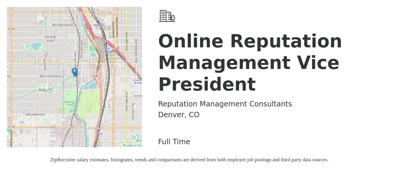 Reputation Management Consultants job posting for a Online Reputation Management Vice President in Denver, CO with a salary of $118,400 to $195,600 Yearly with a map of Denver location.
