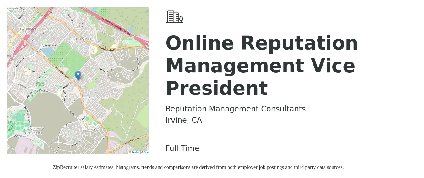 Reputation Management Consultants job posting for a Online Reputation Management Vice President in Irvine, CA with a salary of $123,400 to $203,900 Yearly with a map of Irvine location.