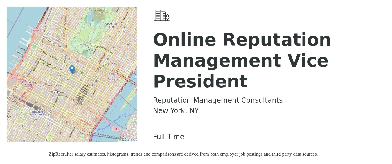Reputation Management Consultants job posting for a Online Reputation Management Vice President in New York, NY with a salary of $125,800 to $207,900 Yearly with a map of New York location.