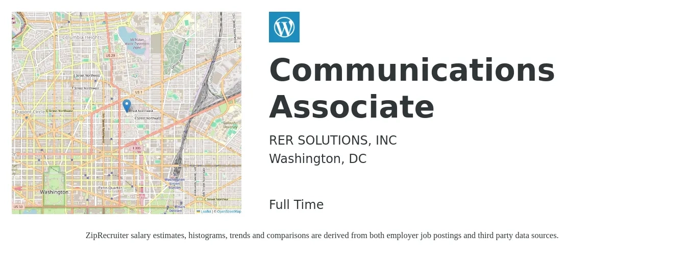 RER Solutions, Inc. job posting for a Communications Associate in Washington, DC with a salary of $51,500 to $74,200 Yearly with a map of Washington location.