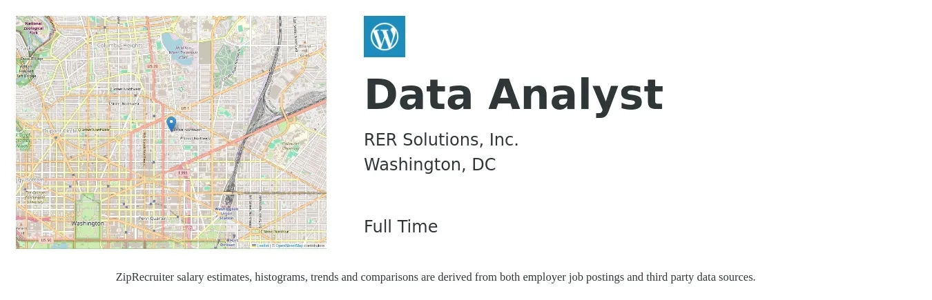 RER Solutions, Inc. job posting for a Data Analyst in Washington, DC with a salary of $70,800 to $109,800 Yearly with a map of Washington location.