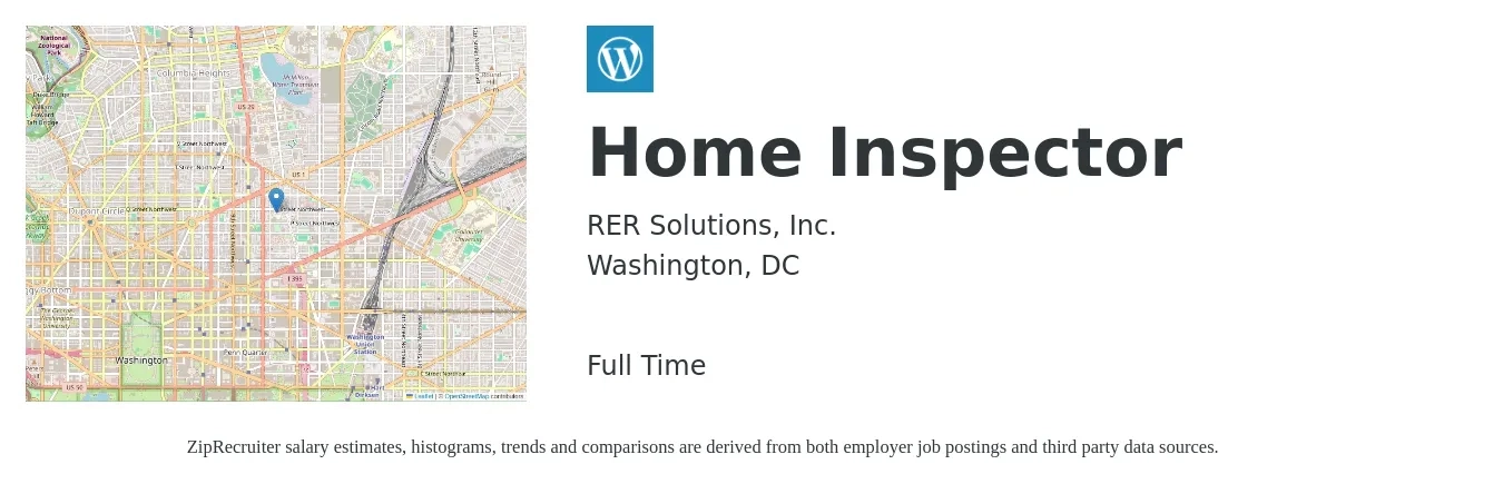 RER Solutions, Inc. job posting for a Home Inspector in Washington, DC with a salary of $54,400 to $79,800 Yearly with a map of Washington location.