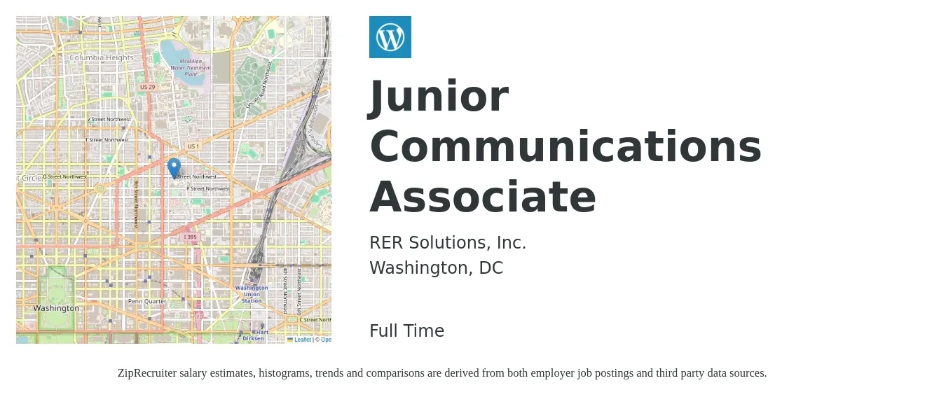 RER Solutions, Inc. job posting for a Junior Communications Associate in Washington, DC with a salary of $51,500 to $74,200 Yearly with a map of Washington location.