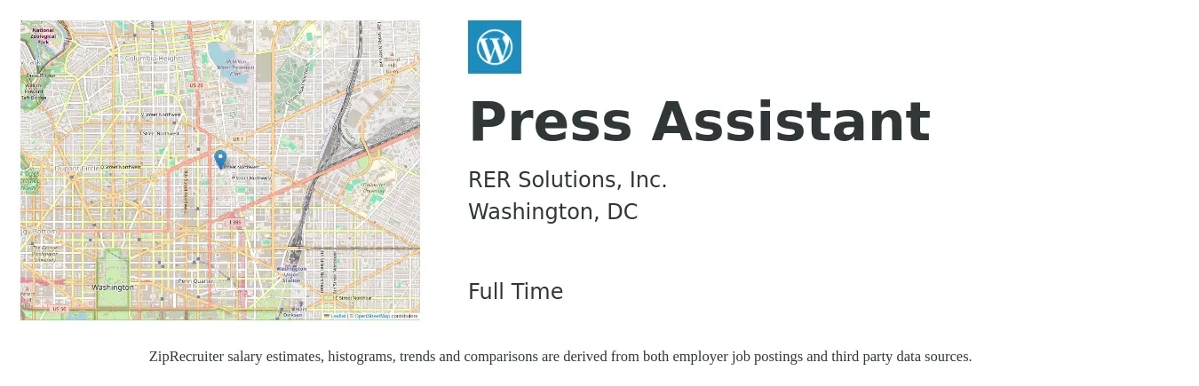 RER Solutions, Inc. job posting for a Press Assistant in Washington, DC with a salary of $19 to $25 Hourly with a map of Washington location.