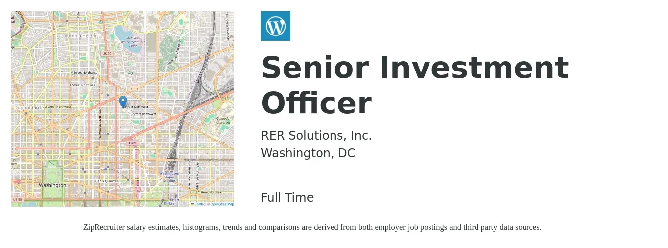 RER Solutions, Inc. job posting for a Senior Investment Officer in Washington, DC with a map of Washington location.