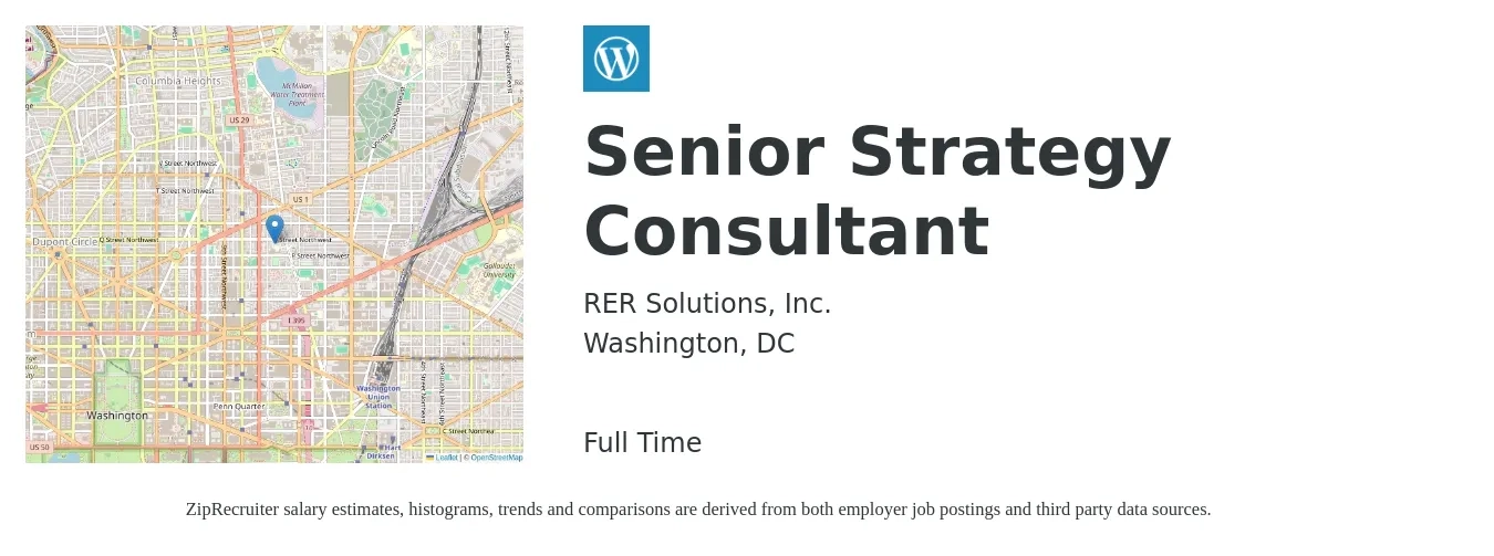 RER Solutions, Inc. job posting for a Senior Strategy Consultant in Washington, DC with a salary of $99,100 to $156,300 Yearly with a map of Washington location.